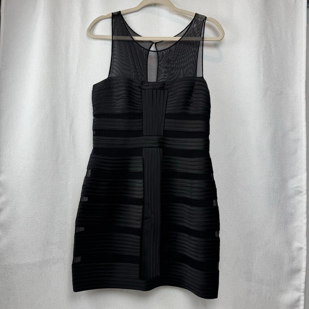 Cache Black Sleeveless Sheer Bodycon Cocktail Dress Sheer Neckline Size 10